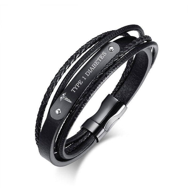 Mens Diabetic Medical Alert  ID Bracelet - Black, Genuine Leather, Braided Strands for Type 1 and Type 2 Diabetes