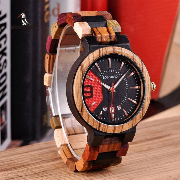 Wooden Mens Watch Men Date Display in Wood Gift Box