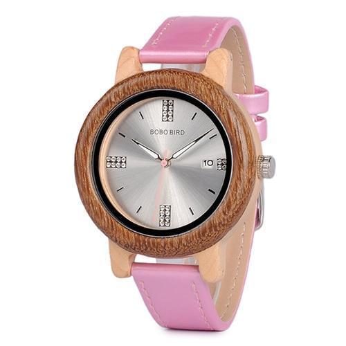 Womens Wooden Watch (Pink or Red) With Date Display