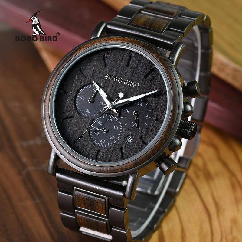 Wood Stainless Steel Mens Wooden Watch Chronograph