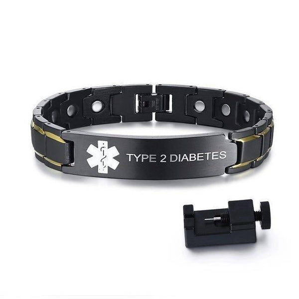 Mens Diabetic Medical Alert ID Bracelet - Black Stainless Steel - For Type 1 and Type 2 Diabetes