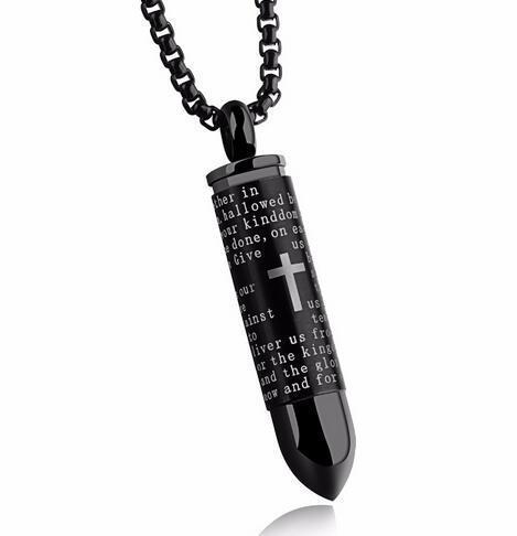 Lords Prayer Bullet Stainless Steel Cross Pendant Necklace Ashes Urn